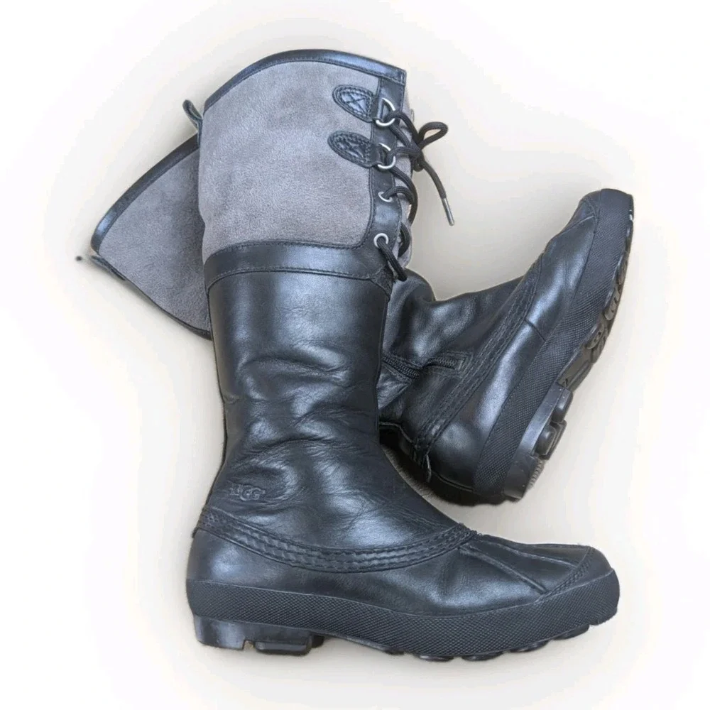 Ugg Belcloud US 6 Sheepskin Shearling Lined Black Gray Leather Duck‎ Boot